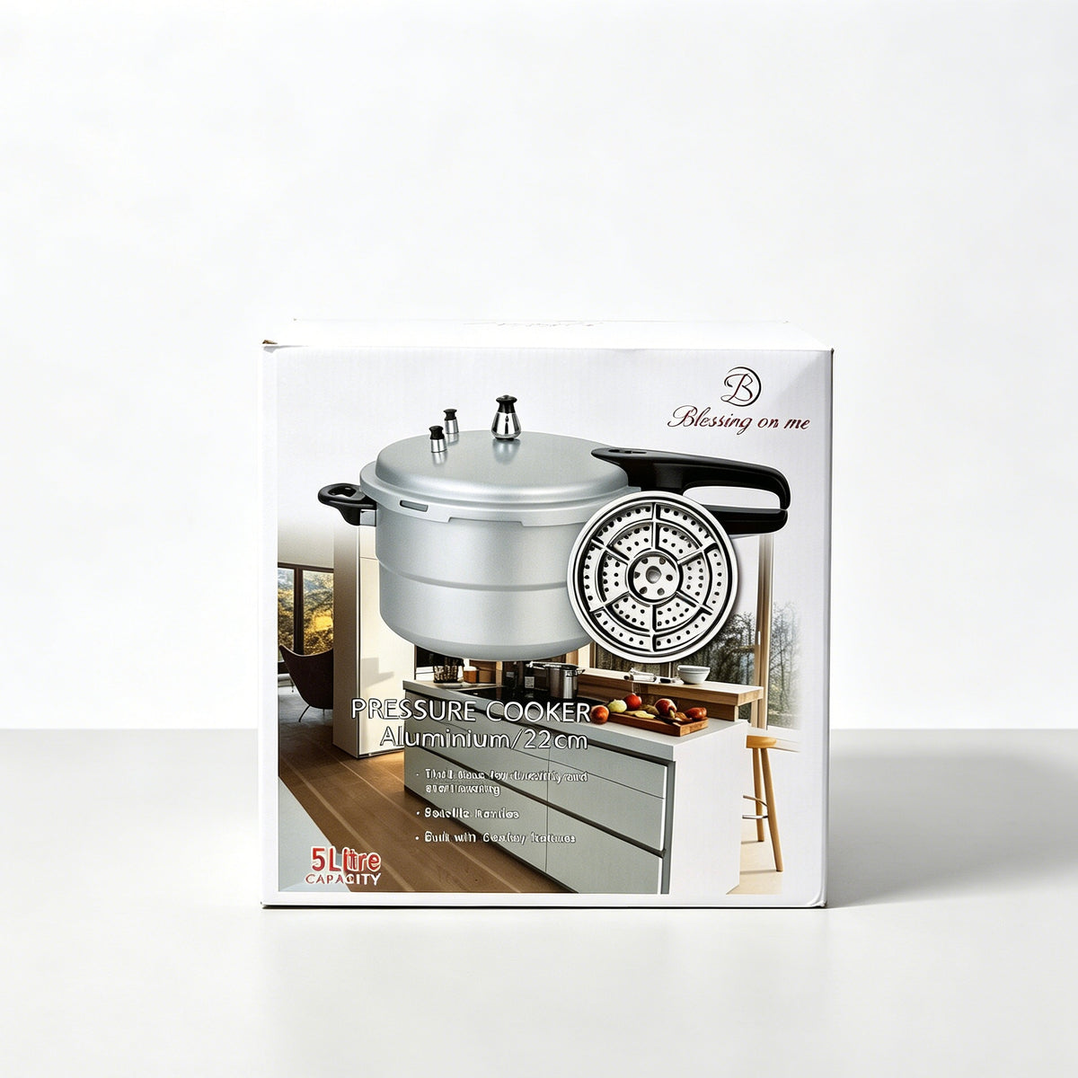 Blessing On Me 5L Aluminium Pressure Cooker 22cm, 6 Safety Features, Thick Base Stock Pot with Steamer Rack