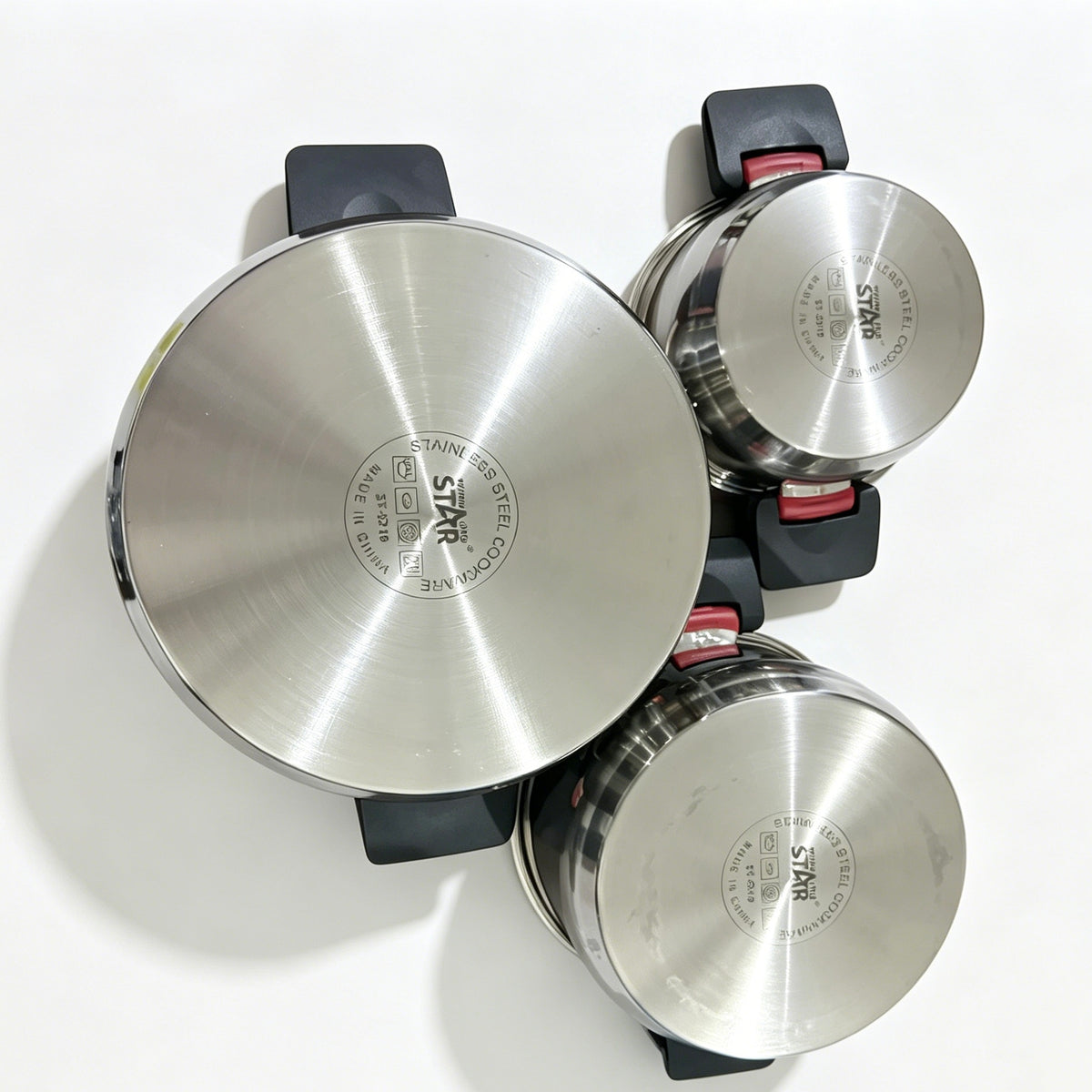 Winning Star 6-Piece High Quality Stainless Steel Cookware Set with Foldable Handle & Glass Lids, 1.4L / 3.4L / 6.5L Stock Pots