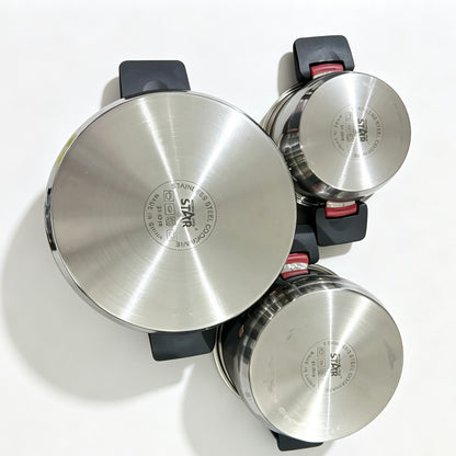 Winning Star 6-Piece High Quality Stainless Steel Cookware Set with Foldable Handle & Glass Lids, 1.4L / 3.4L / 6.5L Stock Pots