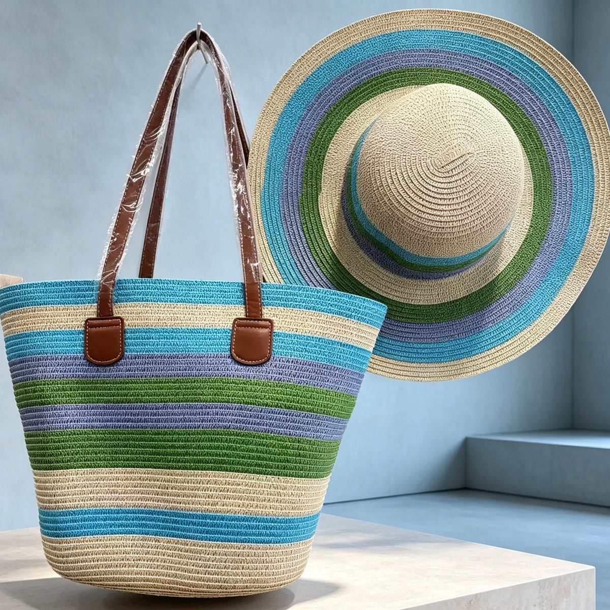 Women Striped Straw Tote Bag & Wide Brim Sun Hat 2Pcs Set, Versatile Beach & Daily Commute Woven Bag and Hat Set