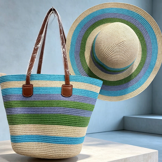Women Striped Straw Tote Bag & Wide Brim Sun Hat 2Pcs Set, Versatile Beach & Daily Commute Woven Bag and Hat Set