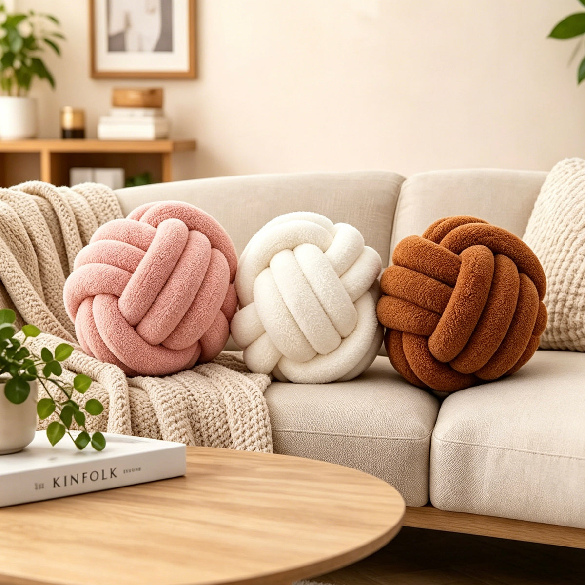 Boucle Knot Ball Pillow, Hand Knotted Decor Cushion, 22cm Diameter