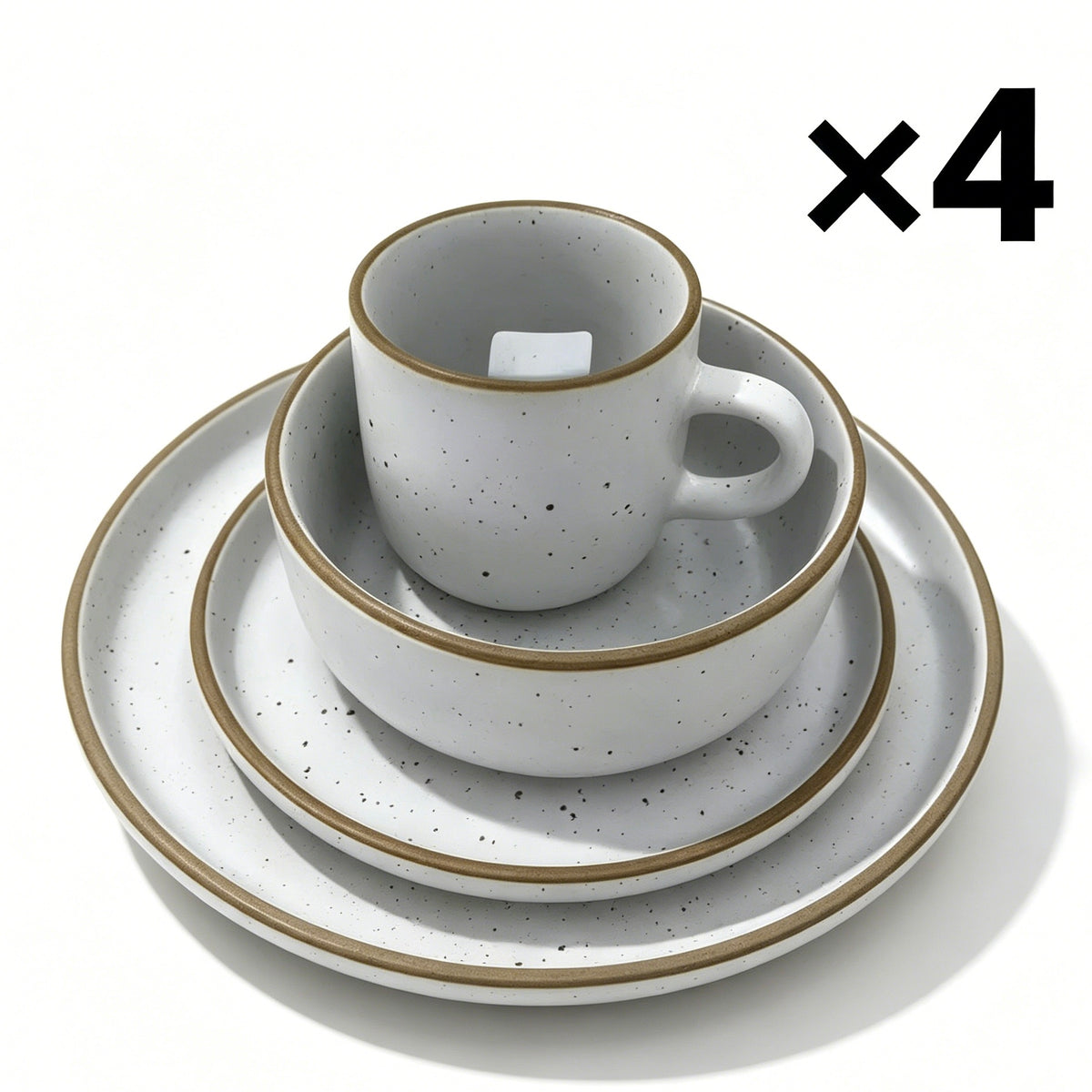 16 Pcs Stoneware Dinnerware Set, White Speckled with Brown Rim, 4 Complete Place Settings, Plates Bowls Mugs for Home Kitchen