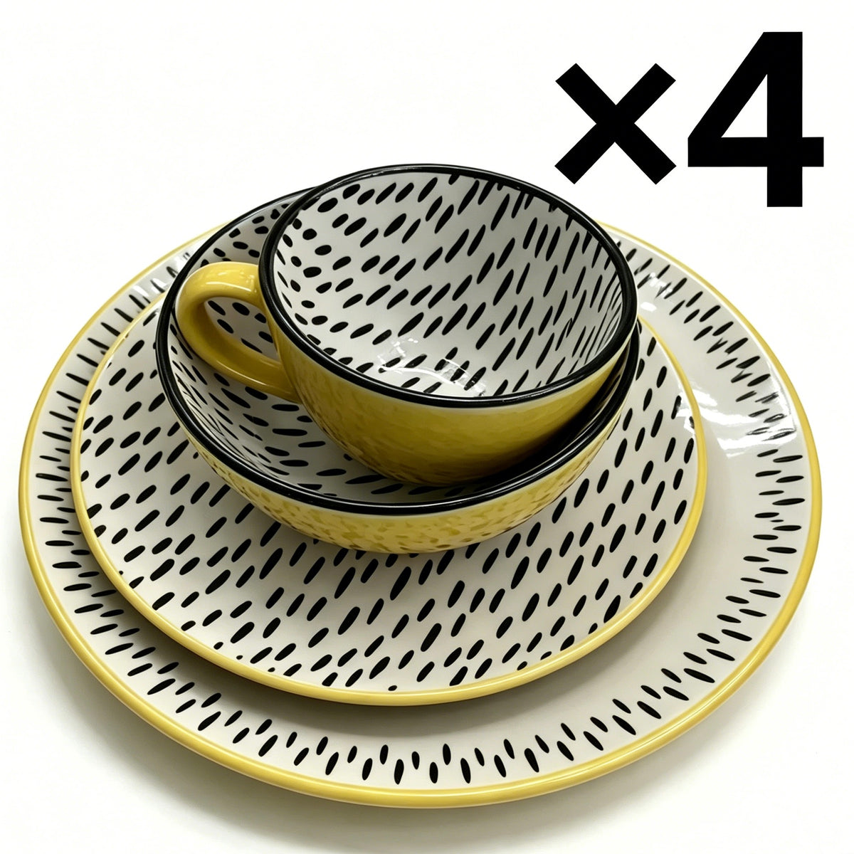 16 Pcs Ceramic Dinnerware Set, Yellow with Black Speckled Pattern, 4 Complete Place Settings, Plates Bowls Mugs for Home Kitchen