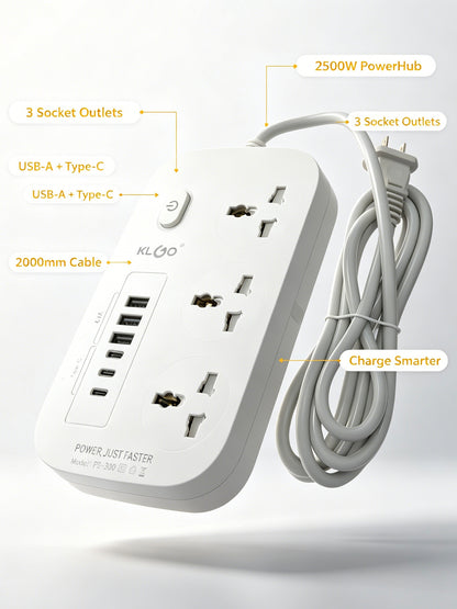 KLGO PS-300 2500W PowerHub, 3-Outlet Power Strip with USB-A & Type-C Ports, 2000mm Extended Cable, Surge Protection, Compact Charging Station for Home, Office and Travel
