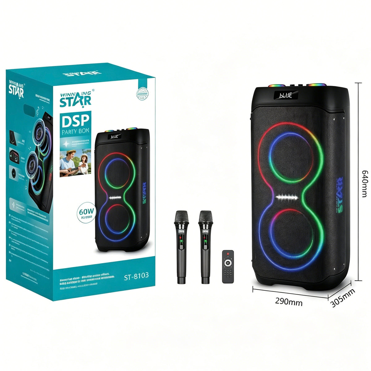 Winning Star 60W DSP Portable Party Bluetooth Speaker with 2 Wireless Microphones & Remote Control