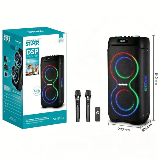 Winning Star 60W DSP Portable Party Bluetooth Speaker with 2 Wireless Microphones & Remote Control