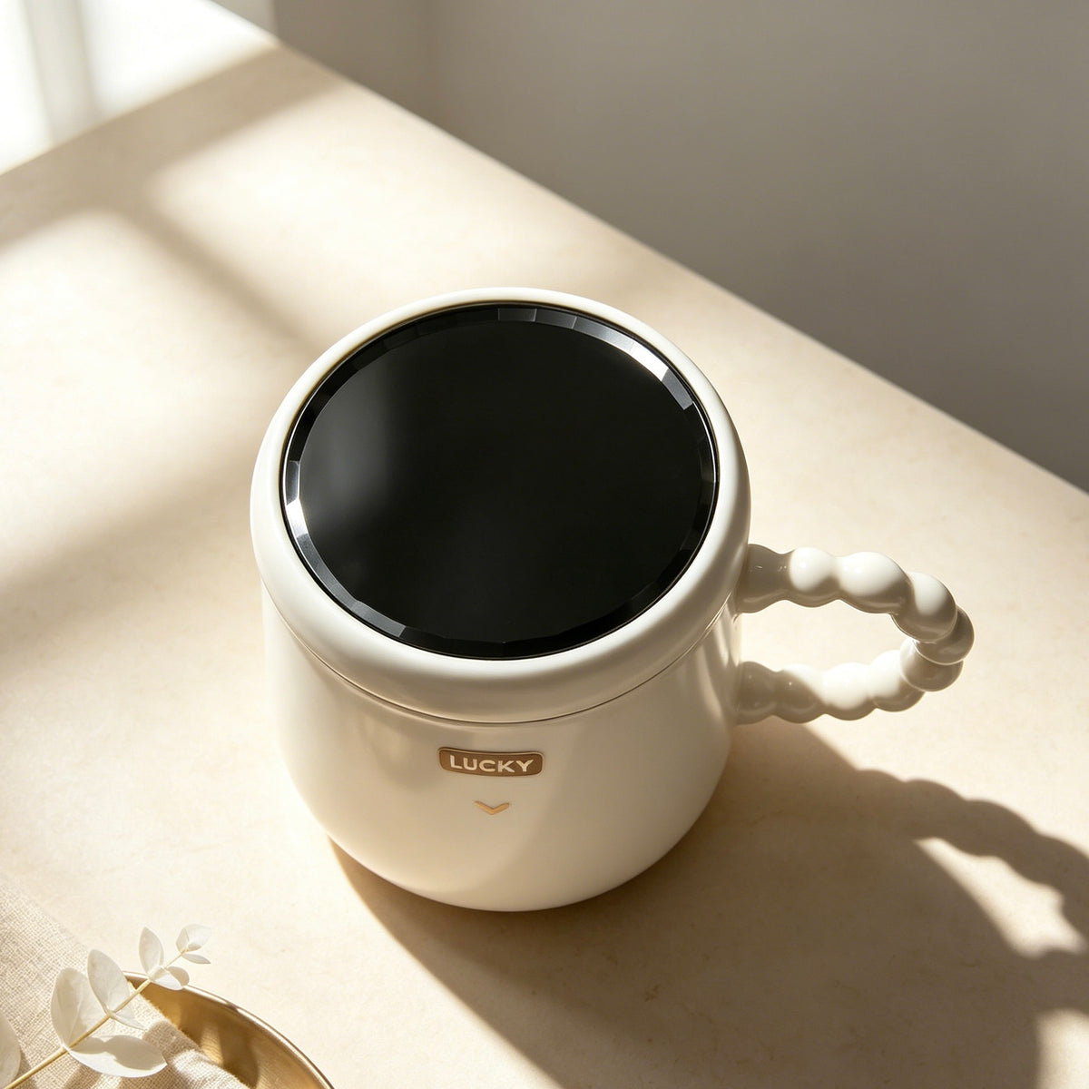 Lucky Heart Ceramic Mug with Mirror Lid, Beaded Wave Handle