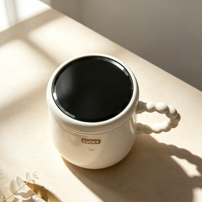 Lucky Heart Ceramic Mug with Mirror Lid, Beaded Wave Handle
