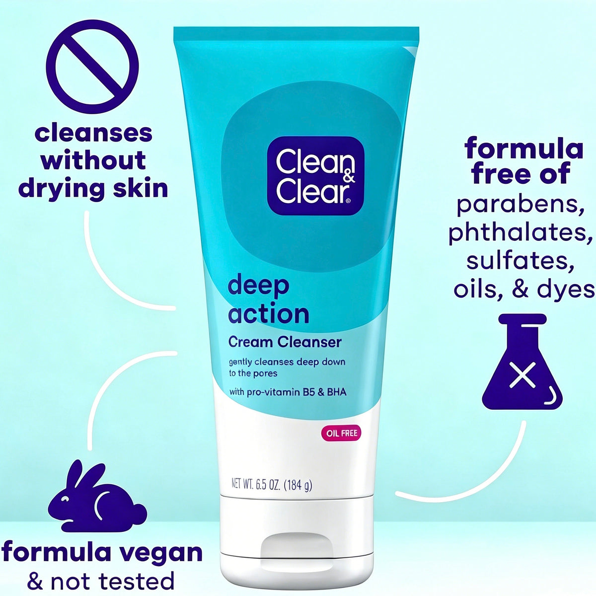 Clean & Clear Deep Action Cream Cleanser, Oil-Free Facial Wash with Pro-Vitamin B5 & BHA, 6.5 oz (184g)