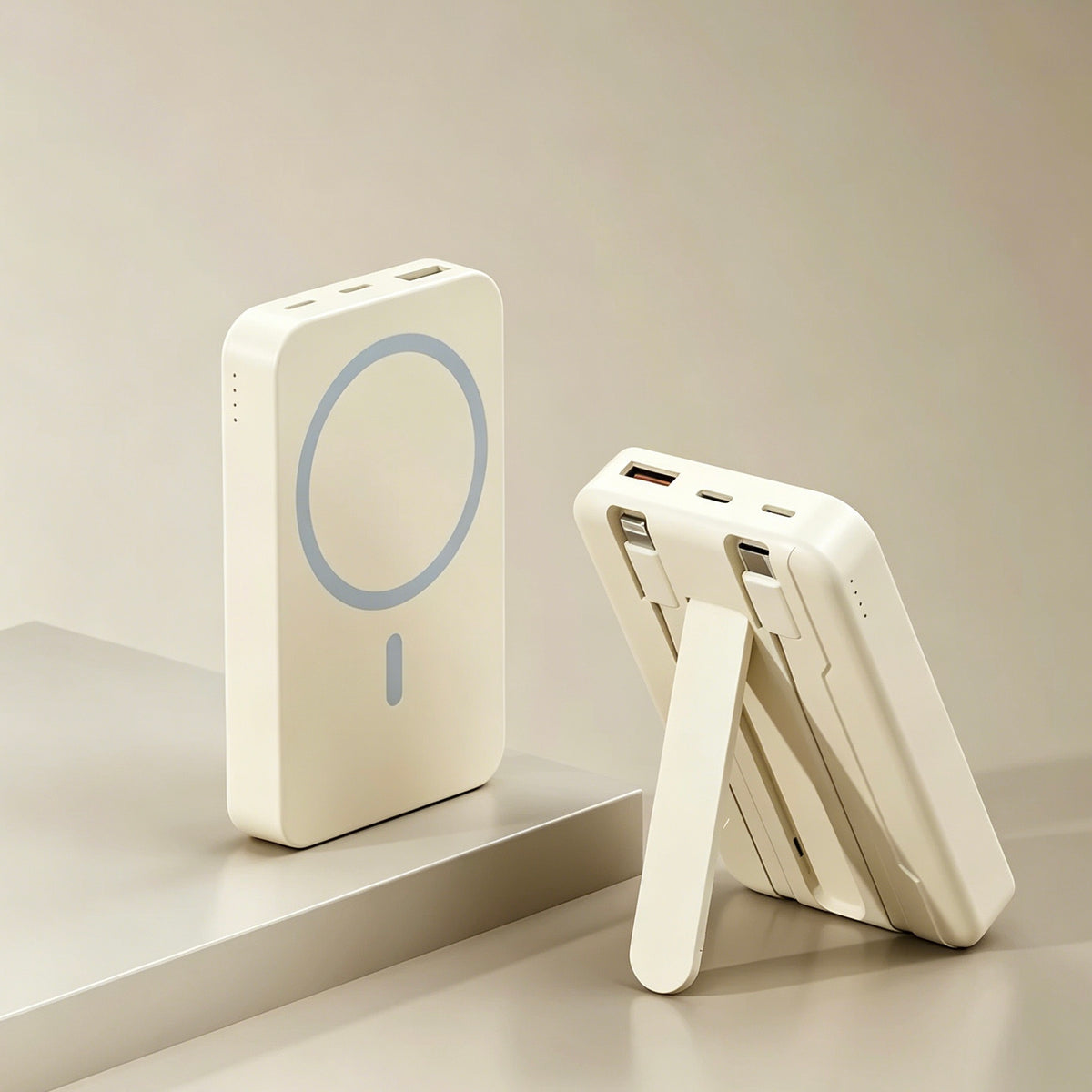Magnetic Power Bank 10000mAh, Built-in Lightning & Type-C Cables, Wireless Fast Charging Portable Charger with Phone Stand