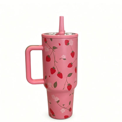 High Aesthetic 1200ML Stainless Steel Tumbler, Rotatable Hidden Soft Silicone Straw, Multi Cute Prints Insulated Travel Mug with Handle
