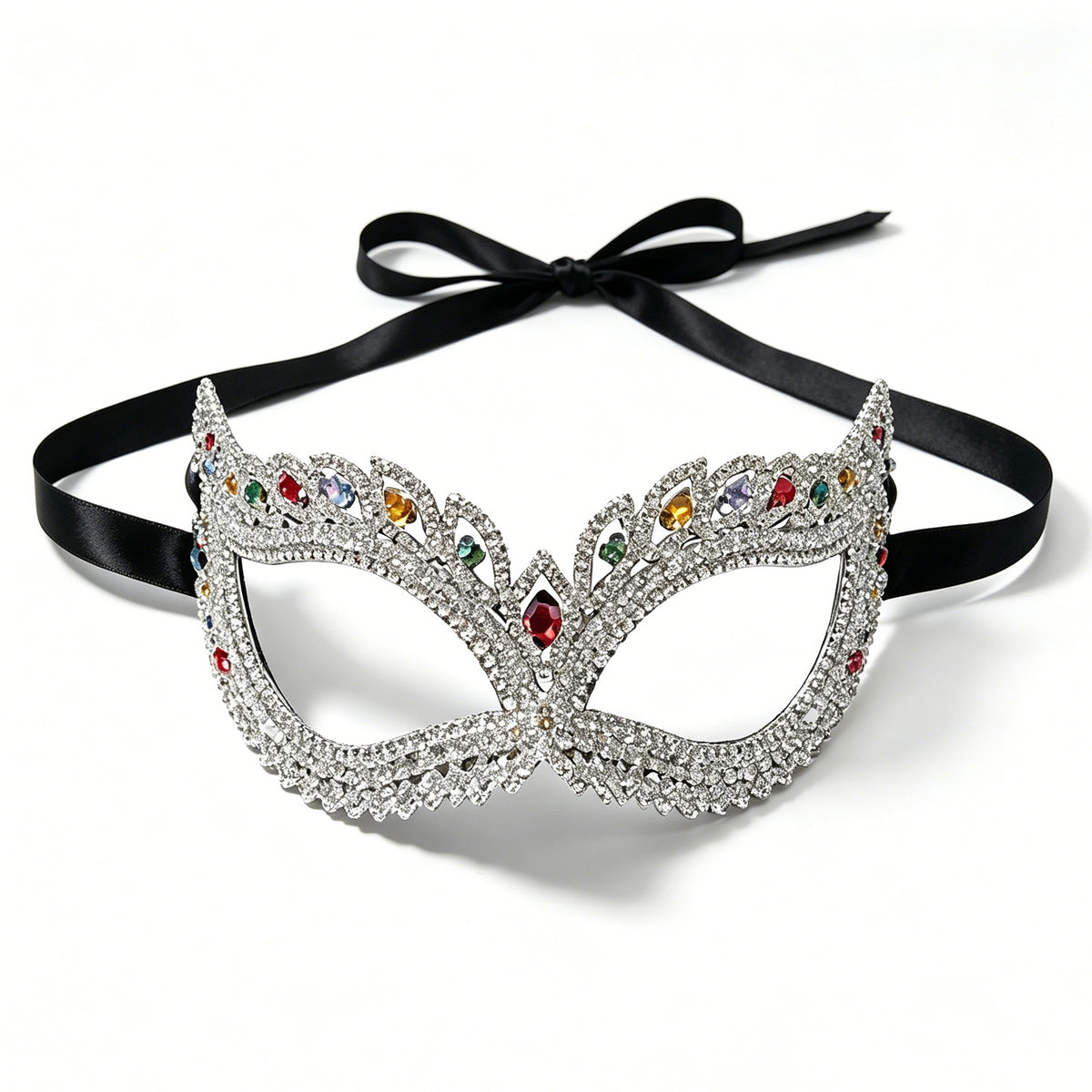 Rhinestone Masquerade Mask, Crystal Venetian Party Mask with Black Satin Ribbon