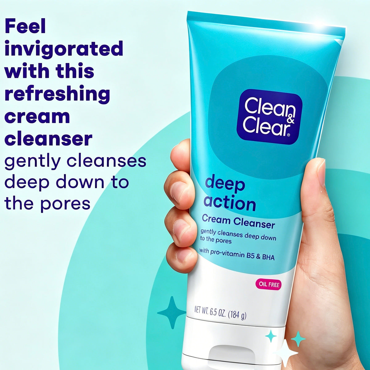 Clean & Clear Deep Action Cream Cleanser, Oil-Free Facial Wash with Pro-Vitamin B5 & BHA, 6.5 oz (184g)