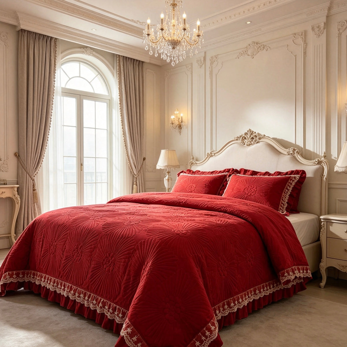 Thick Weight Elegant Lace Ruffle Quilted Bedspread Set, Queen Size 3PCS, Floral Embossed Pattern,  Random Color Delivery ，Not Thin Style XY‑5Q