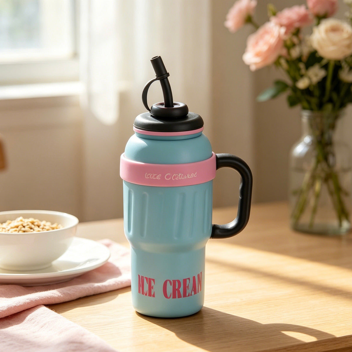 1000ML Large Capacity Straw Water Bottle With Handle, INS Style Portable Tumbler, 3 Colors: Rose Red, Light Blue Pink, Nude Pink
