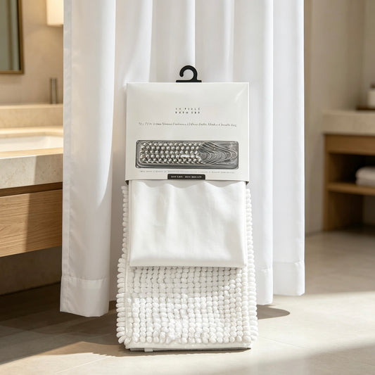 Ultra Soft Luxury Shower Curtain & Granular Chenille Bath Mat Set, Smooth Metal Roller Hooks