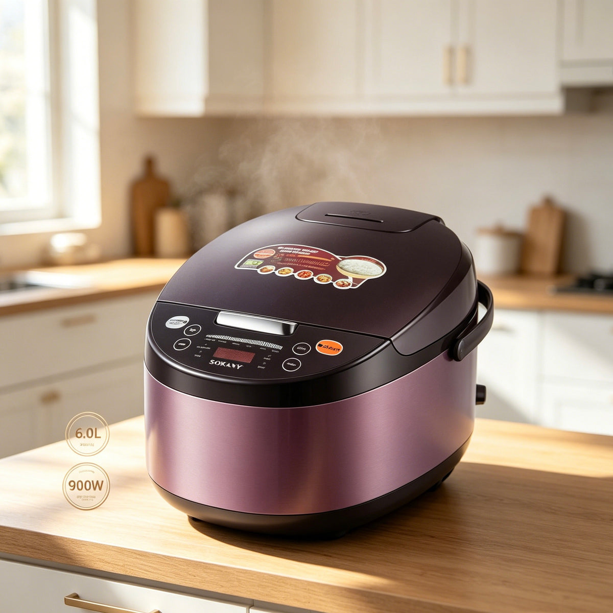 6L Multifunctional Electric Rice Cooker, 900W Touch Screen with Timer