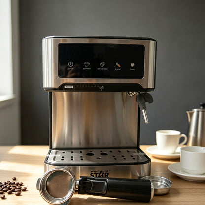 Winning Star 20Bar Espresso Machine, 850W Stainless Steel Coffee Maker with Digital Display & Milk Frother