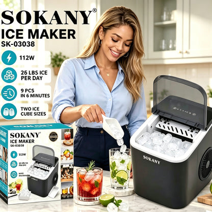 SOKANY Portable Countertop Ice Maker Machine, 9 Ice Cubes Ready in 6 Mins, 2 Ice Cube Sizes, 26Lbs Ice Daily, 112W for Home, Bar & Milk Tea Shop