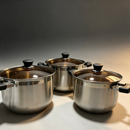 Composite Steel Ultra-High Stainless Steel Pot Set 3pcs, 24/26/28cm, Glass Lid Stock Pot Cookware Set