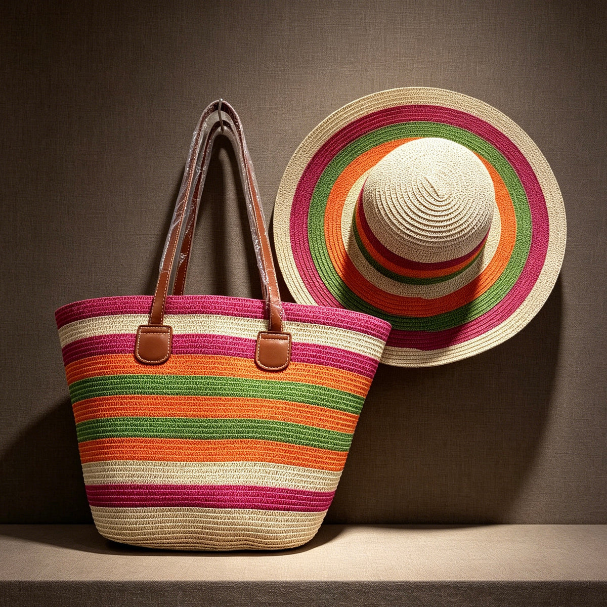 Women Striped Straw Tote Bag & Wide Brim Sun Hat 2Pcs Set, Versatile Beach & Daily Commute Woven Bag and Hat Set