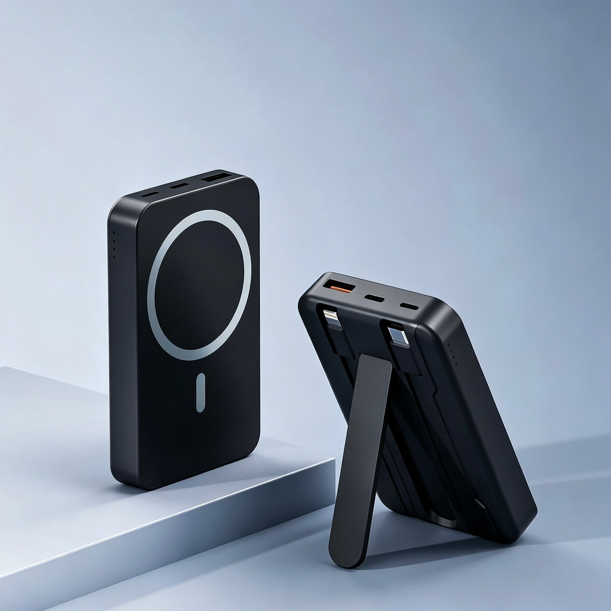 Magnetic Power Bank 10000mAh, Built-in Lightning & Type-C Cables, Wireless Fast Charging Portable Charger with Phone Stand