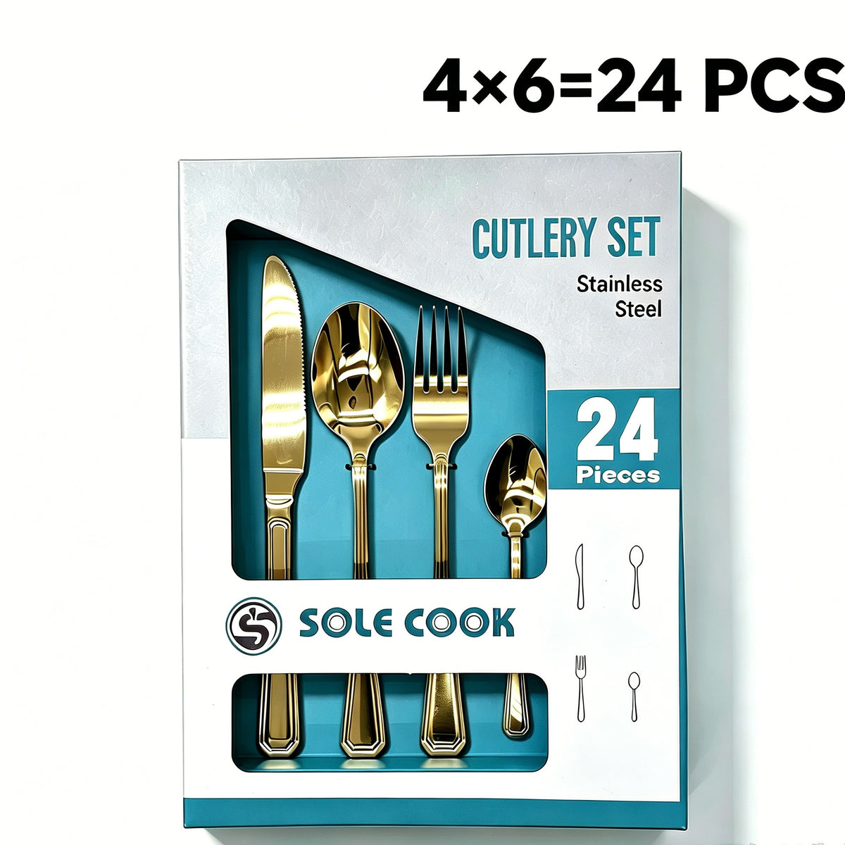 24Pcs Gold Stainless Steel Cutlery Set, Luxury Tableware Gift Set, Knife Fork Spoon for 6 People