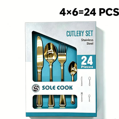 24Pcs Gold Stainless Steel Cutlery Set, Luxury Tableware Gift Set, Knife Fork Spoon for 6 People