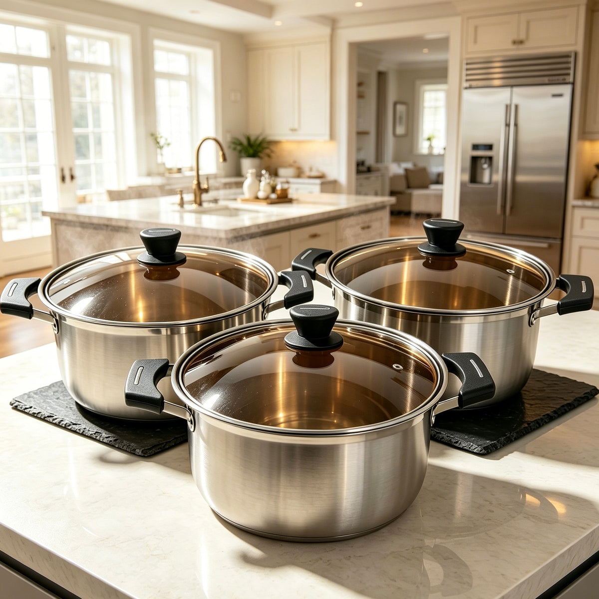 Composite Steel Ultra-High Stainless Steel Pot Set 3pcs, 24/26/28cm, Glass Lid Stock Pot Cookware Set