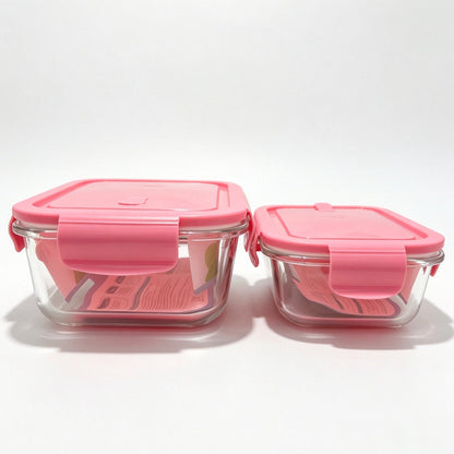 2 Pack Borosilicate Glass Food Storage Containers, Pink Airtight Lock Lids, 1040ml & 700ml Meal Prep Boxes
