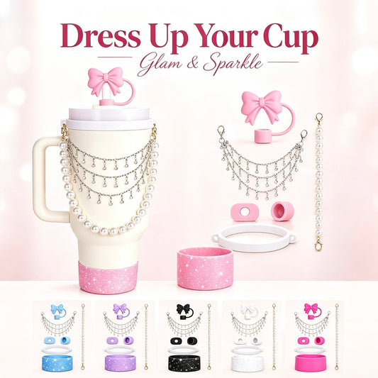 Stanley Tumbler Cup Accessories Set, Bling Pearl Chain, Bow Straw Topper & Silicone Boot