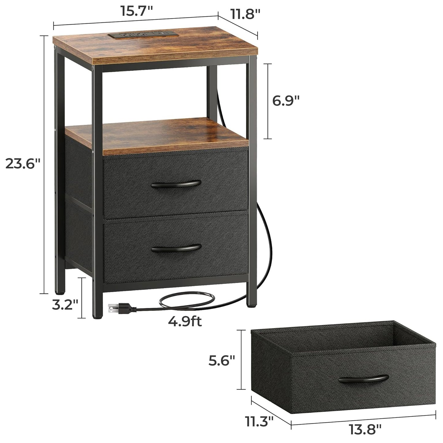 2 Drawers Nightstand with Charging Station