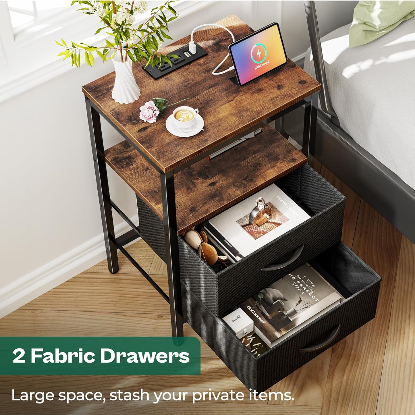 2 Drawers Nightstand with Charging Station