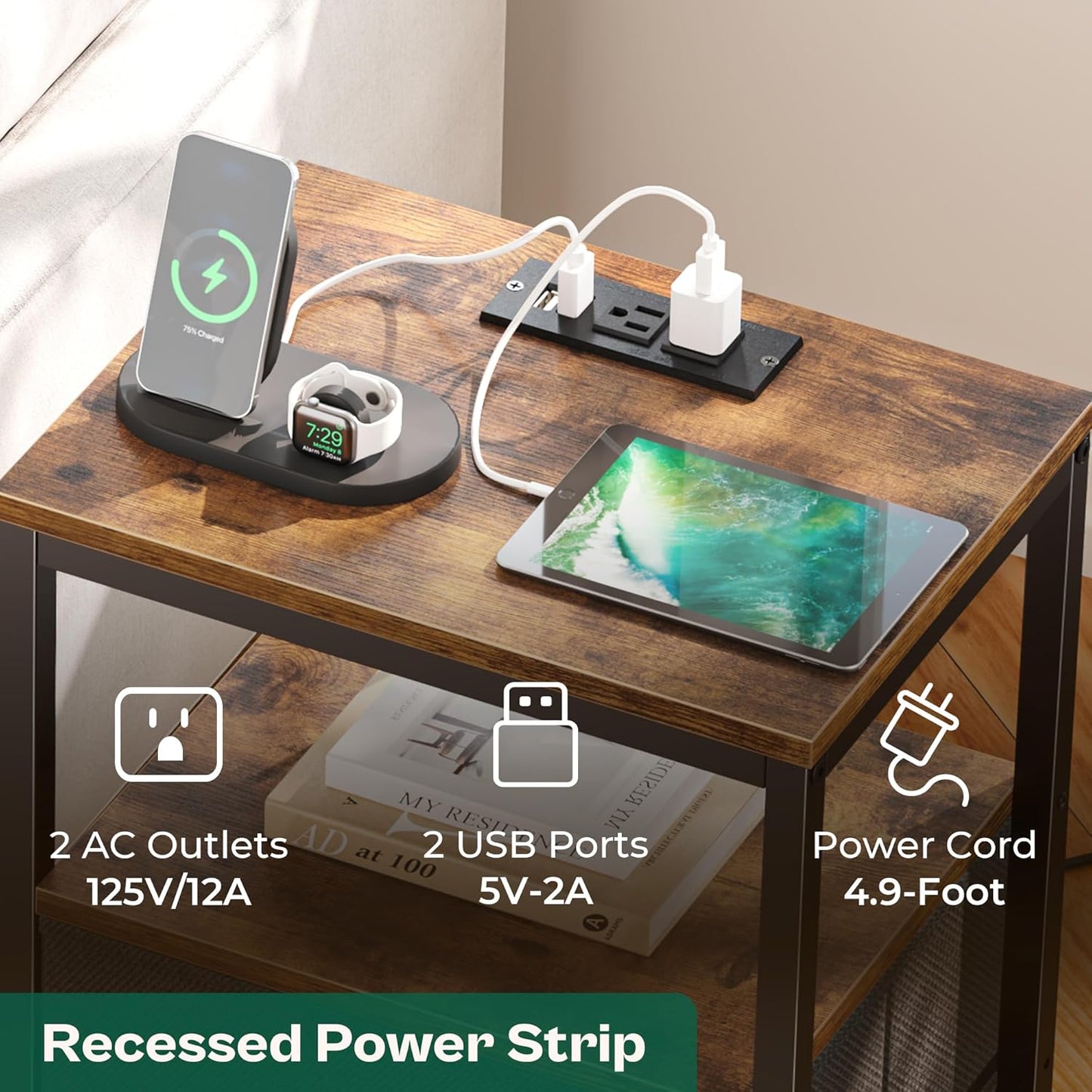 2 Drawers Nightstand with Charging Station
