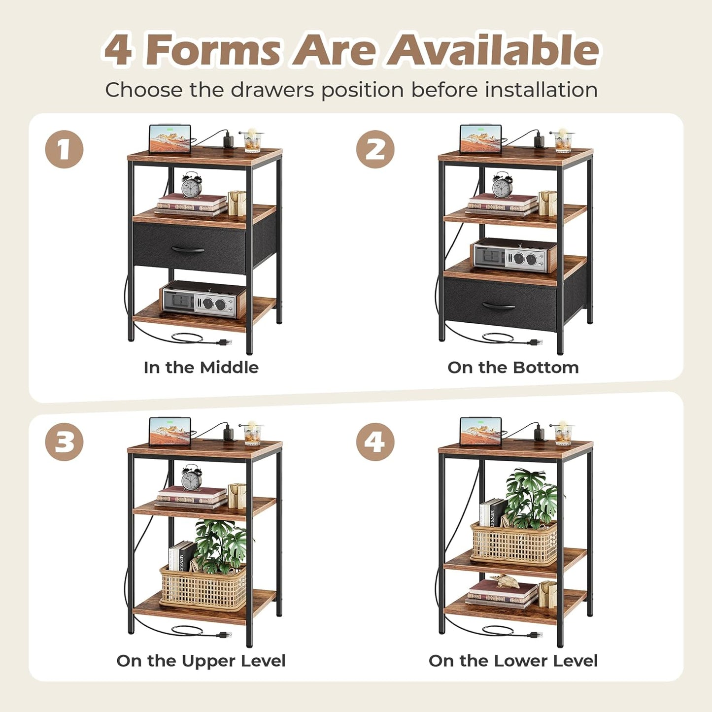 1 Drawers Nightstand with Charging Station