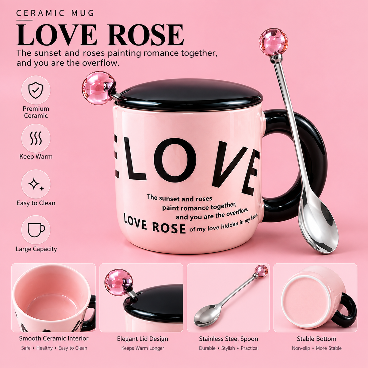 LOVE ROSE Pink Ceramic Mug with Lid & Spoon – Romantic Coffee Cup