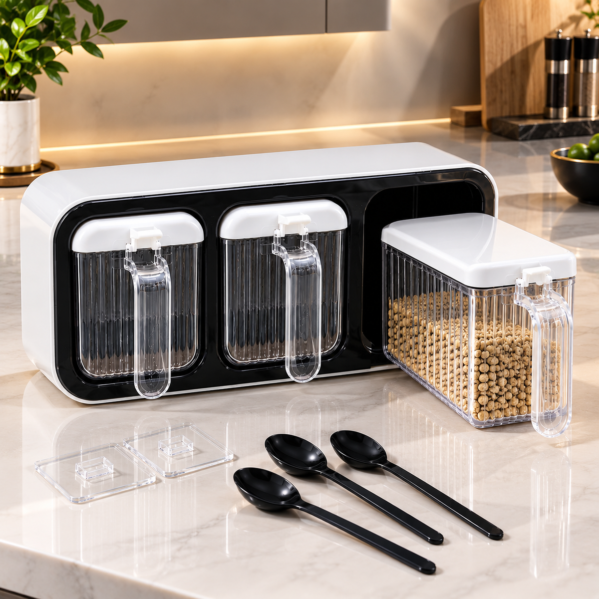 3-Compartment Wall-Mounted Seasoning Box with Spoons, Pull-Out Spice Storage Organizer for Kitchen