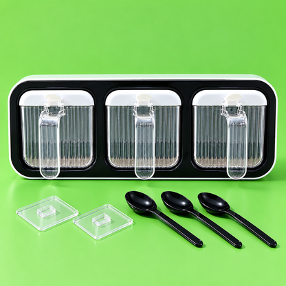 3-Compartment Wall-Mounted Seasoning Box with Spoons, Pull-Out Spice Storage Organizer for Kitchen