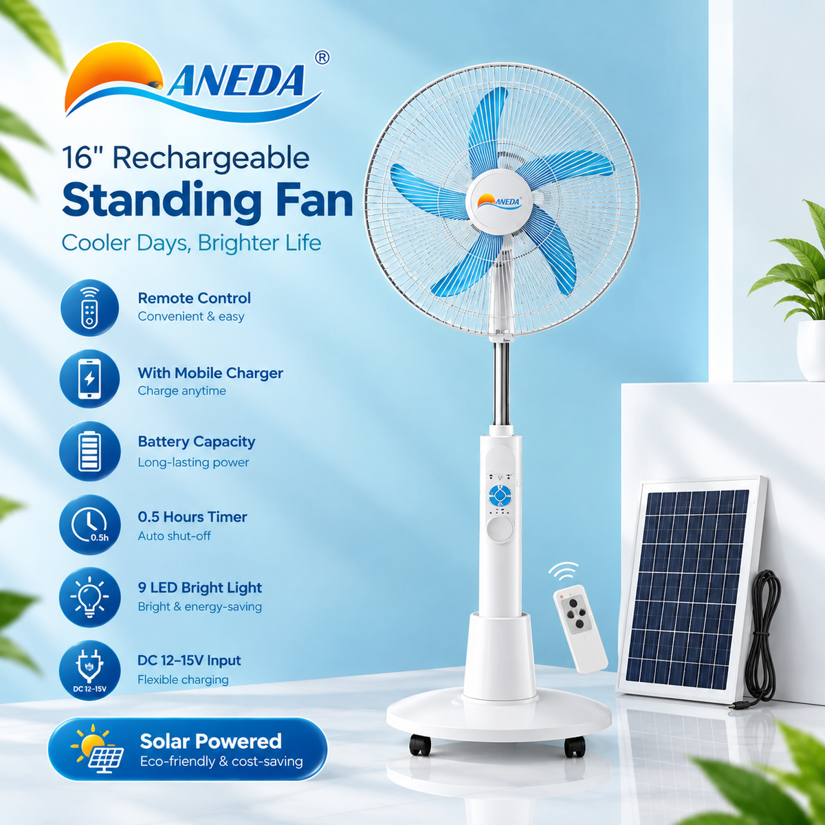 16 Inch Rechargeable Solar Pedestal Fan AC DC Operated