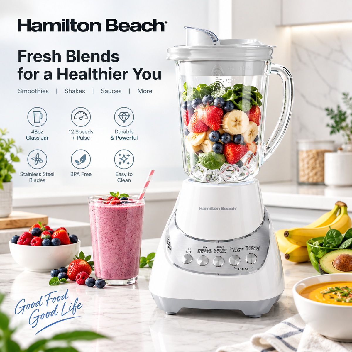 Hamilton Beach Wave Action Smoothie Blender, 48 oz Glass Jar 800 W 12-Function Countertop Blender for Kitchen, White