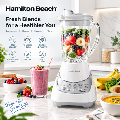 Hamilton Beach Wave Action Smoothie Blender, 48 oz Glass Jar 800 W 12-Function Countertop Blender for Kitchen, White