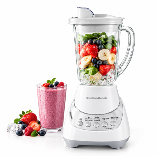 Hamilton Beach Wave Action Smoothie Blender, 48 oz Glass Jar 800 W 12-Function Countertop Blender for Kitchen, White