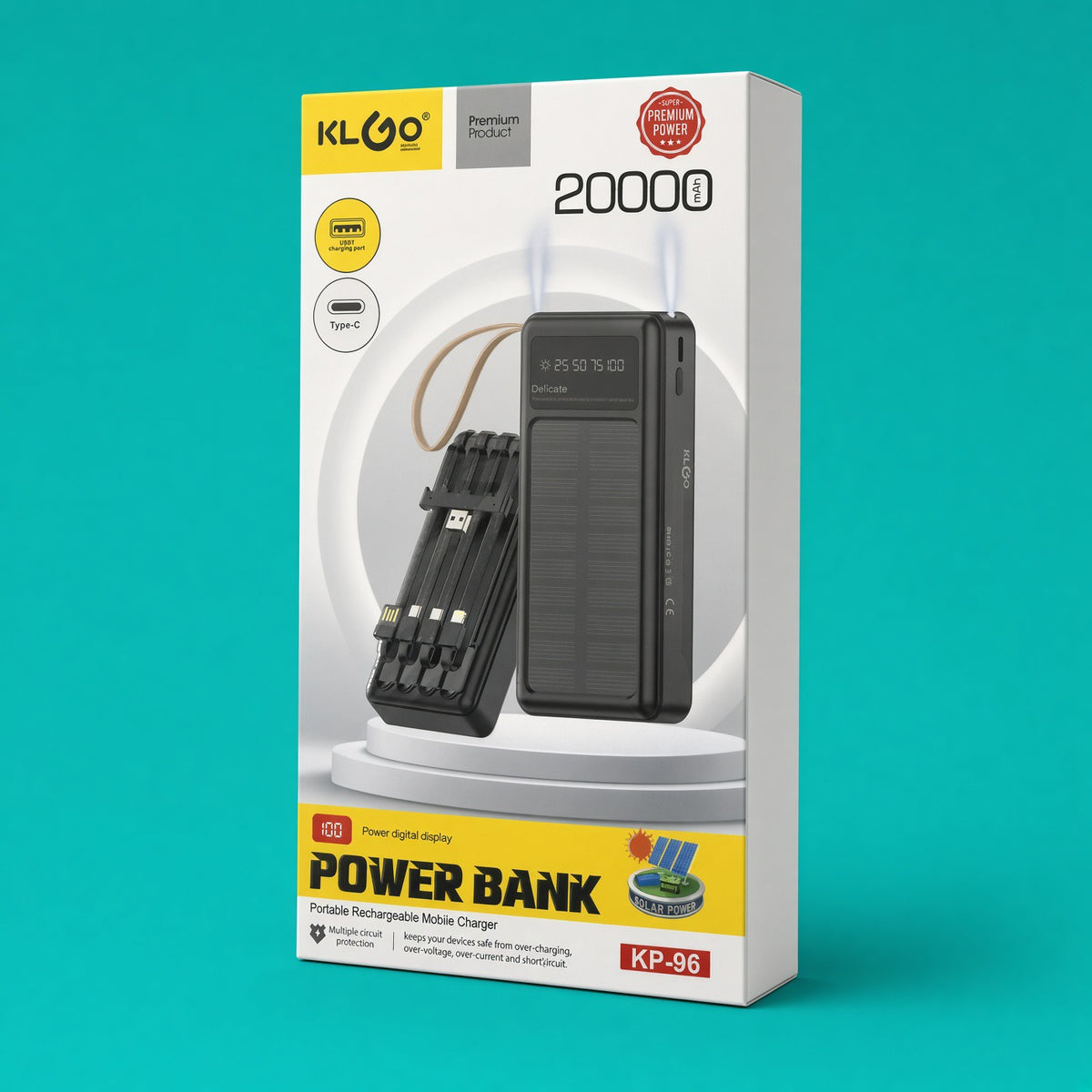 KLGO 20000mAh Solar Power Bank KP-96 | Built-in Cables + Digital Display