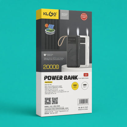 KLGO 20000mAh Solar Power Bank KP-96 | Built-in Cables + Digital Display