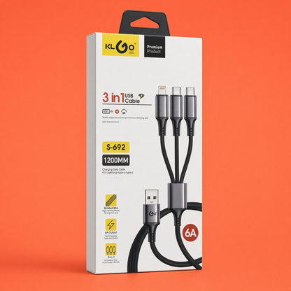KLGO 3-in-1 USB Cable 6A | Lightning + Type-C + Type-C | 1200mm | S-692