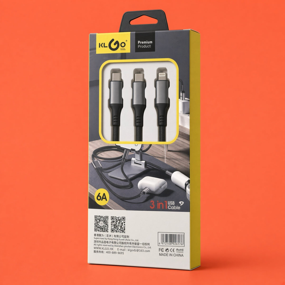 KLGO 3-in-1 USB Cable 6A | Lightning + Type-C + Type-C | 1200mm | S-692