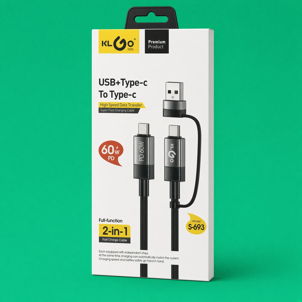 KLGO 2-in-1 USB + Type-C to Type-C Cable PD 60W | Model S-693