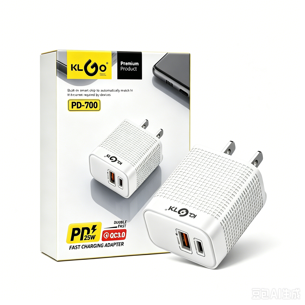 KLGO PD-700 25W Dual Port Fast Charger – USB-C PD 25W + USB-A QC 3.0 Quick Charge Wall Adapter, Smart Chip Auto-Matching, Compact Travel Charger for Phones, Tablets & More