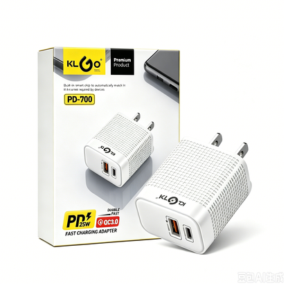 KLGO PD-700 25W Dual Port Fast Charger – USB-C PD 25W + USB-A QC 3.0 Quick Charge Wall Adapter, Smart Chip Auto-Matching, Compact Travel Charger for Phones, Tablets & More